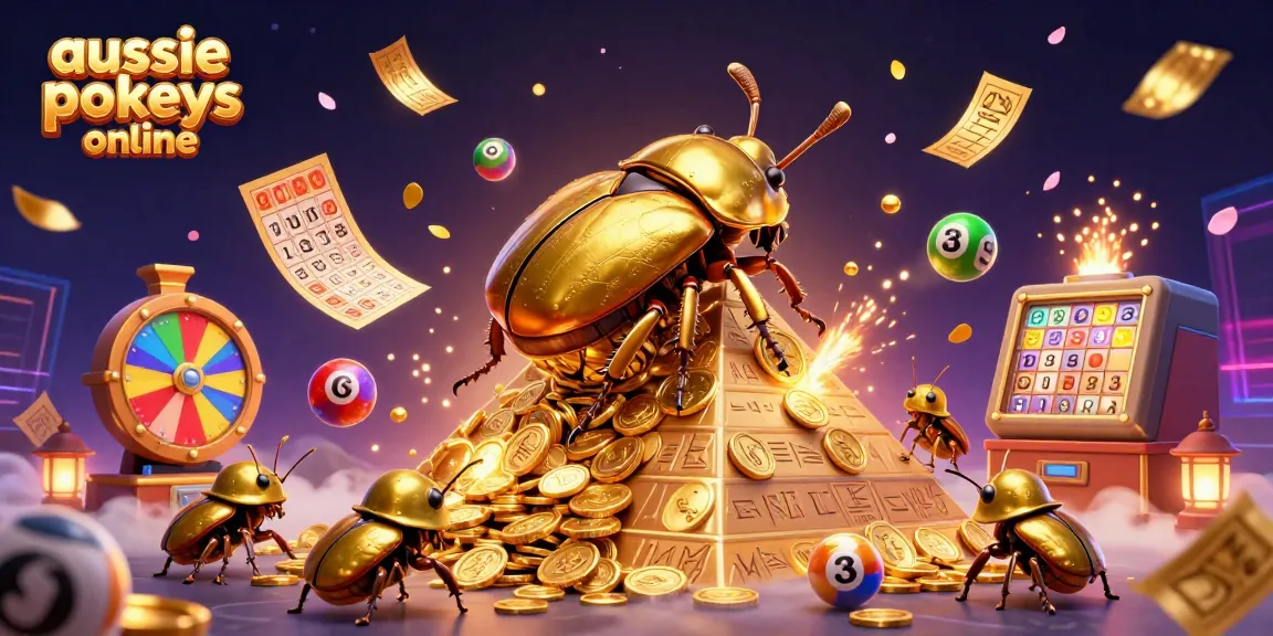 Experience the thrill of aussie pokies online with vibrant, 3D illustrations of exciting casino elements, golden beetles, and dynamic lottery balls.