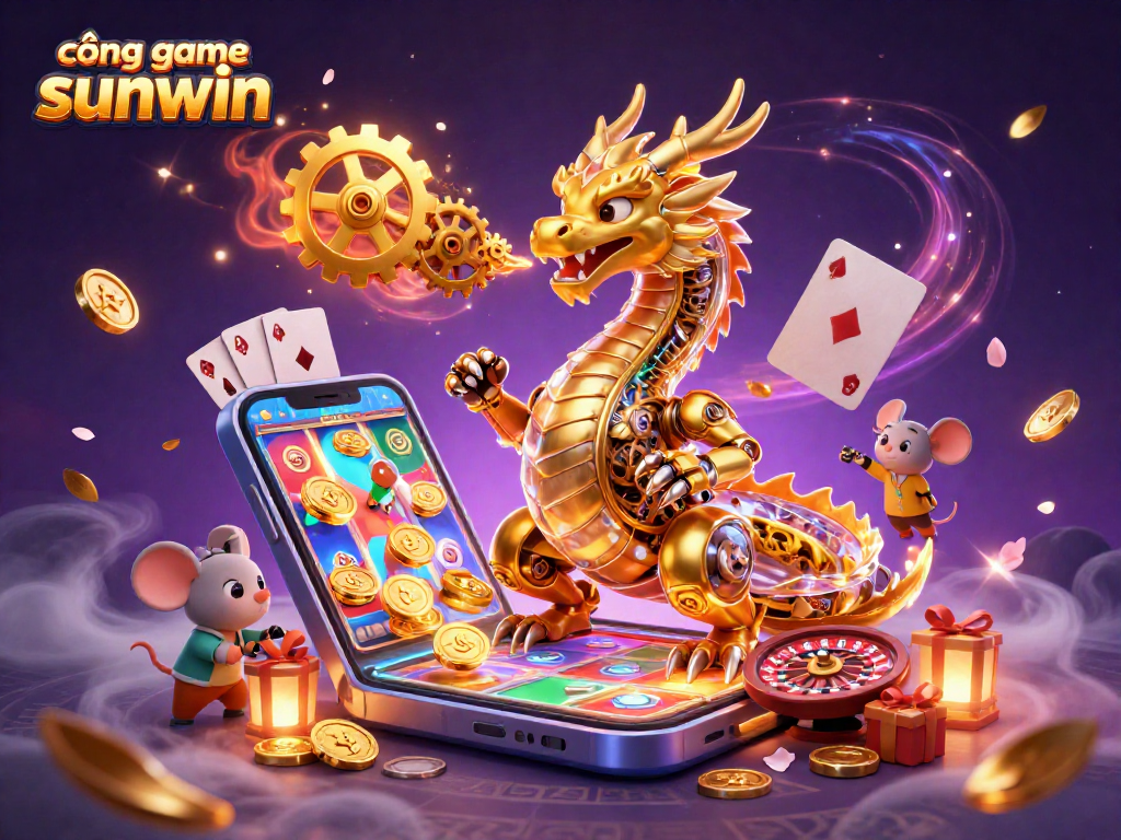 Experience exciting slot games at cổng game sunwin with a dynamic scene featuring a golden dragon and gaming elements.