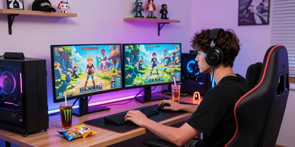 Dynamic gaming setup with a male gamer enjoying a hentai game, colorful RGB lights creating an immersive atmosphere.