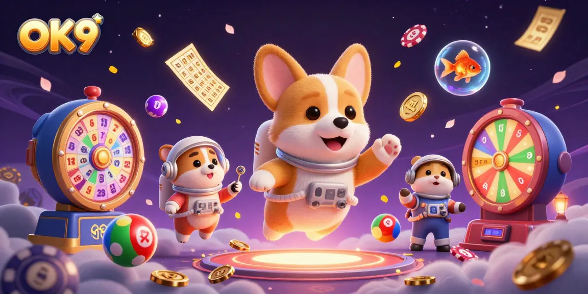 Engage with exciting games at OK9's dynamic casino scene featuring the floating astronaut corgi.