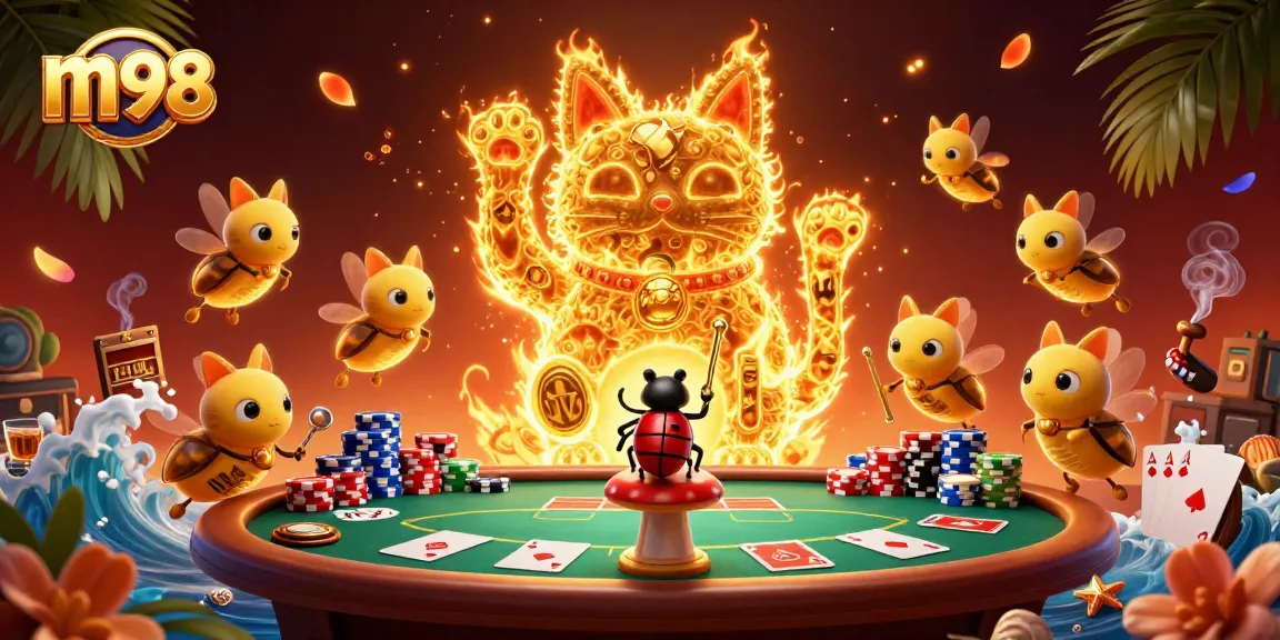 Engage with m98's vibrant casino scene featuring lucky cat symbols and poker chips.