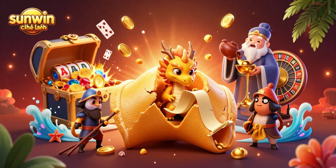Experience the enchanting world of sunwin chính hãng with a golden fortune cookie and vibrant casino-themed elements.